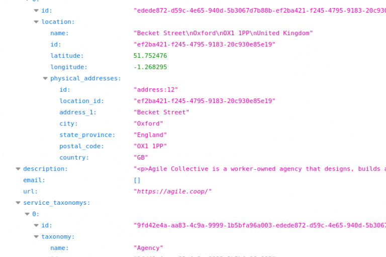Some example directory entries mapped as services in Open Referral