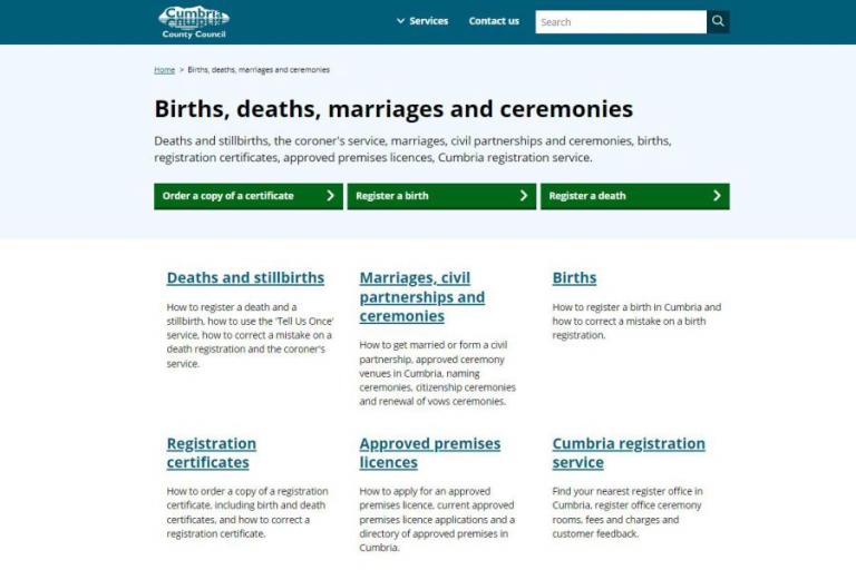 Screenshot of a new page on the Cumbria website