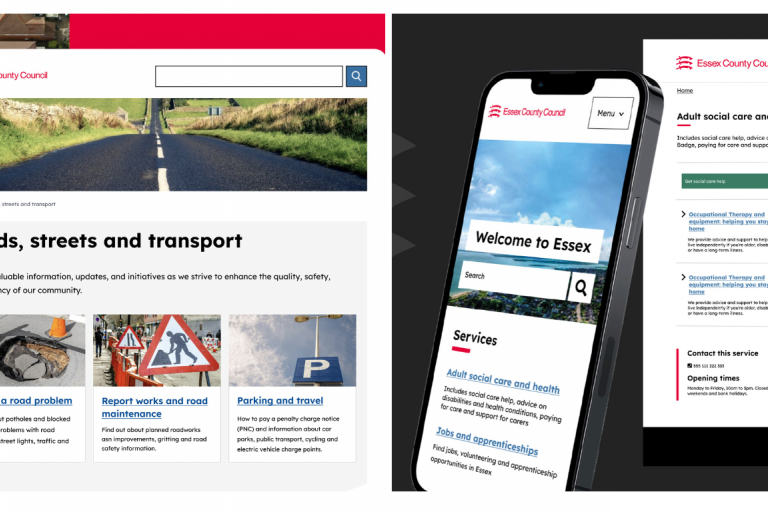 Essex County Council website on three screens. Desktop, tablet and mobile phone.